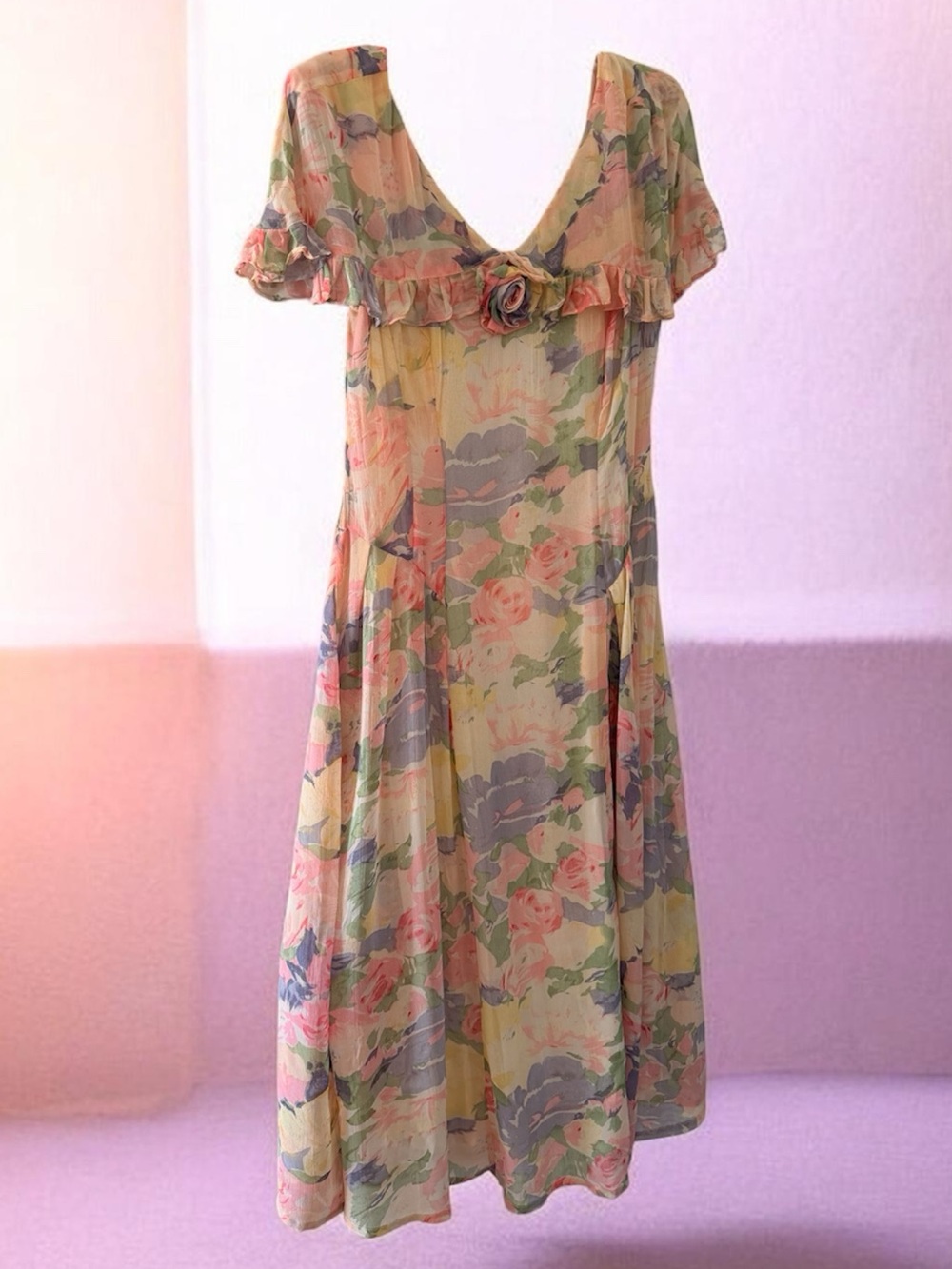 Sarah Elizabeth Pastel Floral Midi Dress in Pink, Lavender and Cream